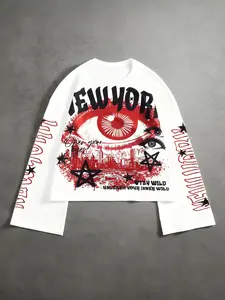 Men's Loose Fit Round Neck Long Sleeve T-Shirt, Creative Graphic Design Print, Eye Letter Star Pattern, Fall Street Fashion, Street Style, Casual Daily Wear, Streetwear, Menswear, Casual Style Tee