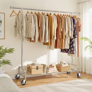 Raybee Furniture Clothes rack for hanging Clothes Rack with Hooks, Extendable & Height Adjustable Clothing Rack, Heavy Duty Clothes Racks Holds Up to 220LBS,Coat Rack, Portable Rolling Garment Rack with Lockable Wheels & 4 Hooks, Chrome