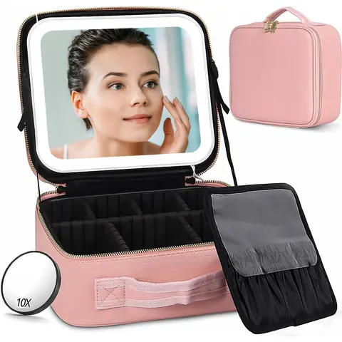 Synthetic Leather LED Make-Up Bag with Built-In Mirror, Adjustable Organizer Dividers, Polished Zipper, Waterproof Wipeable Surface, Compact Design - Travel-Ready Functional Beauty Storage for On-the-Go Use, Led Make-Up Bags, Adjustable Organizer Make-Up