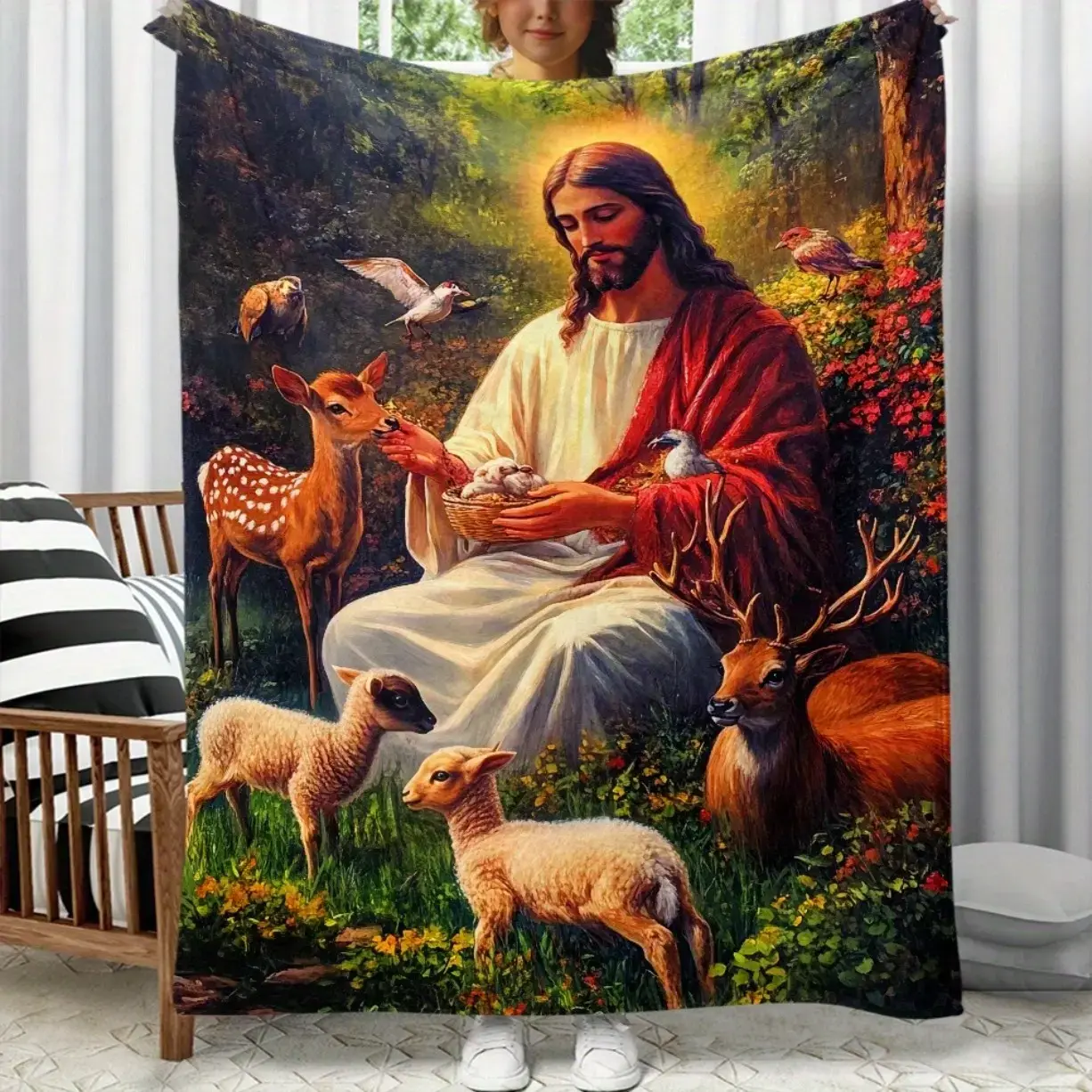 Jesus Inspired Flannel Blanket, Portable Soft Warm Lightweight Christian Throw Blanket, Ultra Cozy Fleece Blanket for Sofa Bed Travel Camping, Digital Print Aesthetic Home Decor Gift for Prayer Room Bedroom Living Room, Religious Gift for Family & Friends