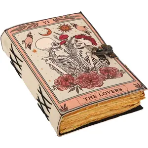 Book of Spells Leather Journal Deckle Edge Paper Grimoire Printed Journal The Lovers Tarot Notebook Spiral Gothic Notebook Skull lover Antique  Leather Journals for Men and Women