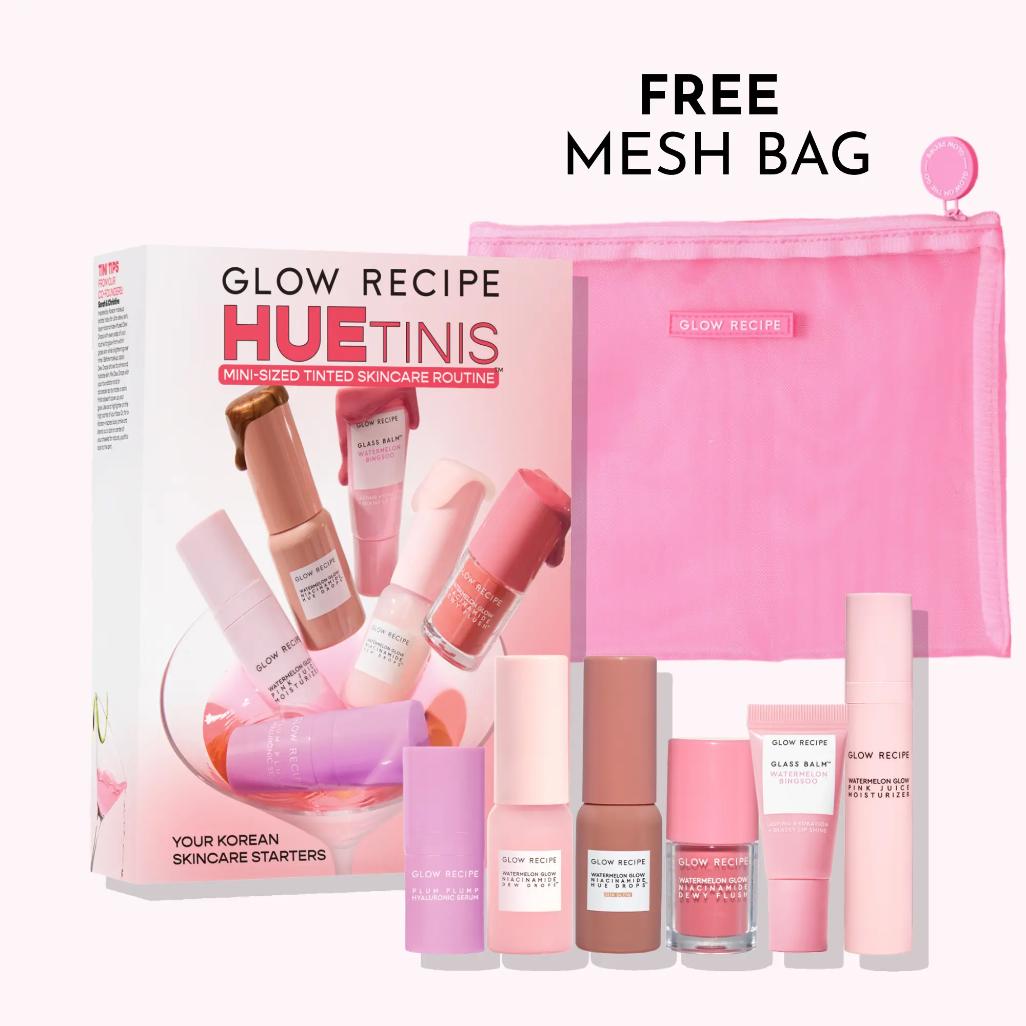 Glow Recipe HueTinis Miniature Makeup Multi-Pack Set - Watermelon Hydrating Serum, Hyaluronic Moisturizer, Hydrate Balm, 12-Hour Dewy Hydration, Brightening Korean Beauty Travel Skin Prep Kit for All Skin Types, Tinted Elements, Cosmetic, Beauty Products