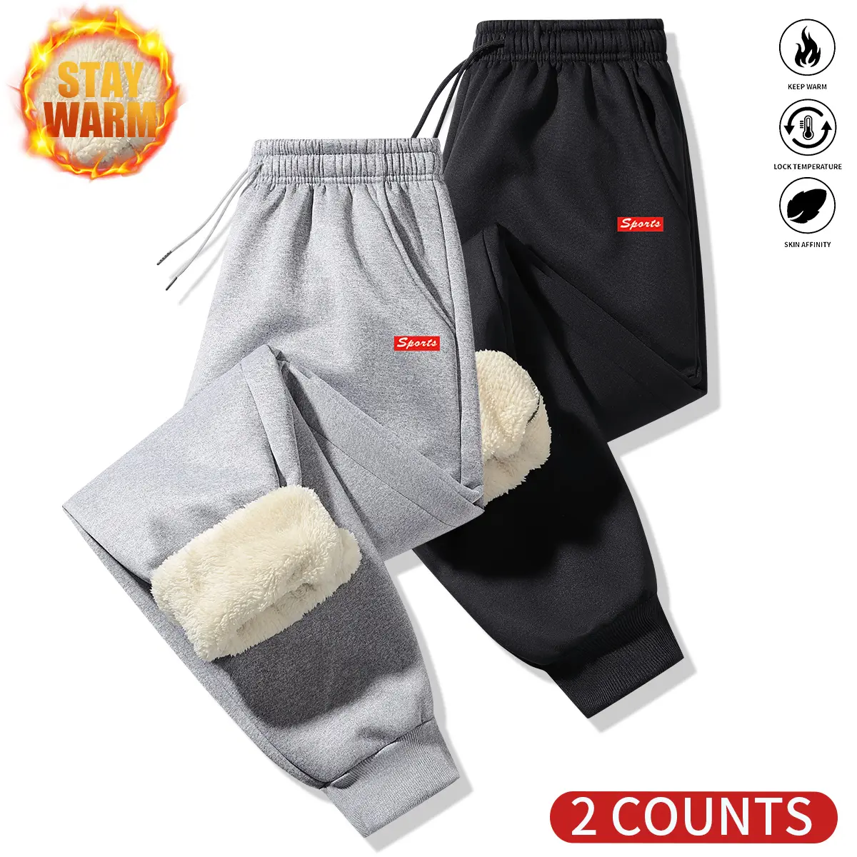 Men's Regular Fit Solid Color Insulated Fleece-Lined Sports Pants - Comfy Casual Street Pants for Autumn Winter Wear with Thick Sheepskin Lining for Warmth, Comfy Men's Pants, Insulated Men's Pants
