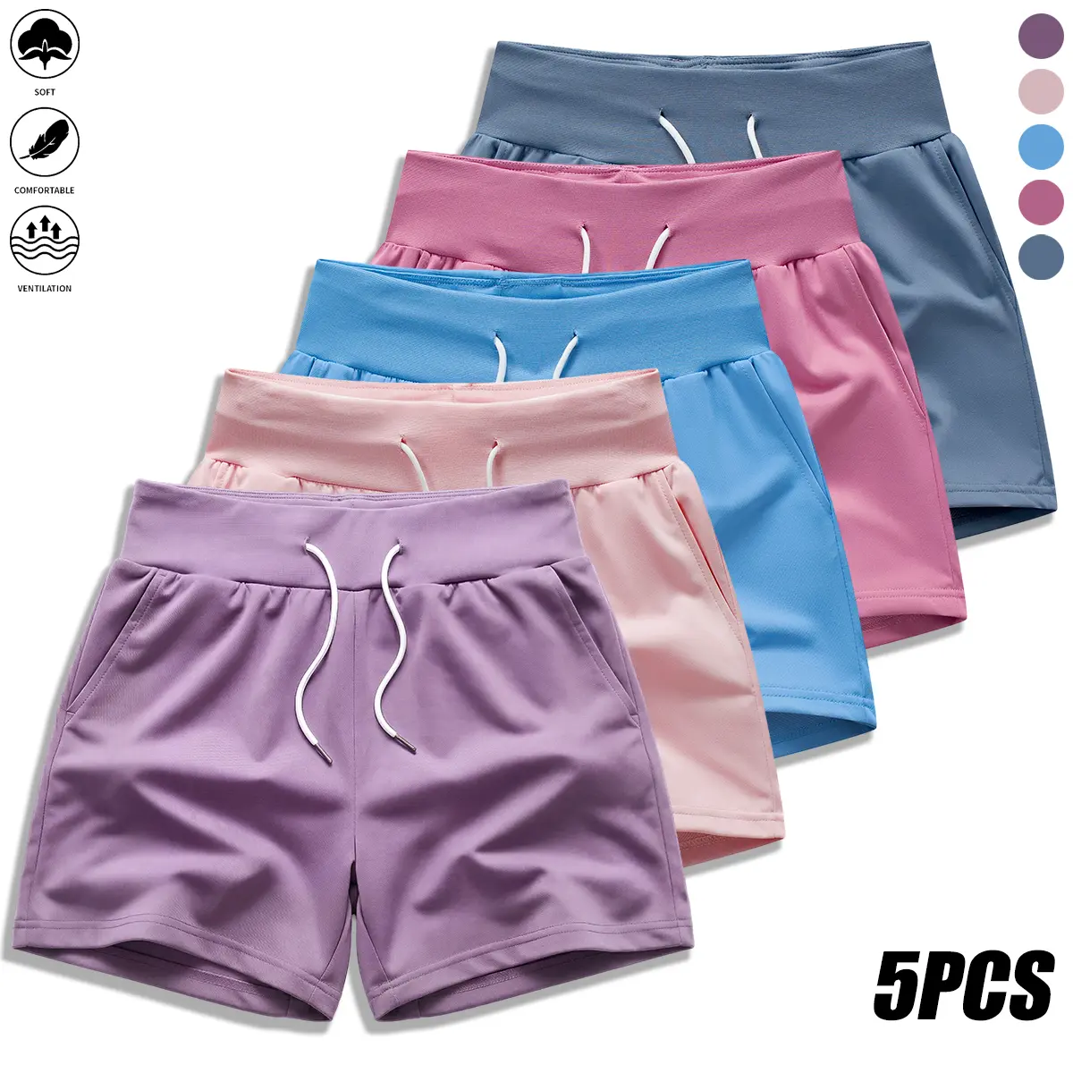 Set of 5 women’s shorts: solid color design, casual fit, pocket details, drawstring waist; can be worn as women’s athletic shorts or summer casual wear; suitable as a gift for women in summer.