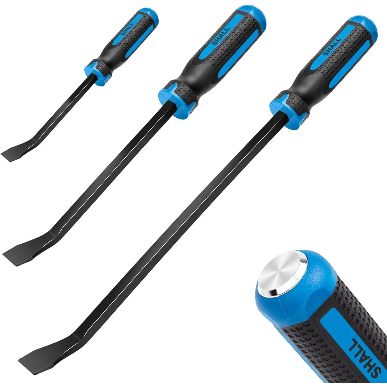 Mechanic 3-Piece Pry Bar Set - 8in, 12in, 18in Heavy Duty Bars with Thicker Strike Cap, Angled Tip, 3 Protective End Caps for Automotive, Dismantling Old Furniture, Freeing Stuck Doors and Windows