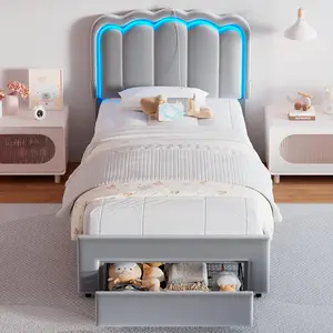 Jocoevol Velvet Upholstered King LED Bed Frame with 2 Storage Drawers and Adjustable Chic Double Wavy Headboard, Princess Platform Bed with Charing Station, Solid Wood Slats Support,No Box Spring Needed