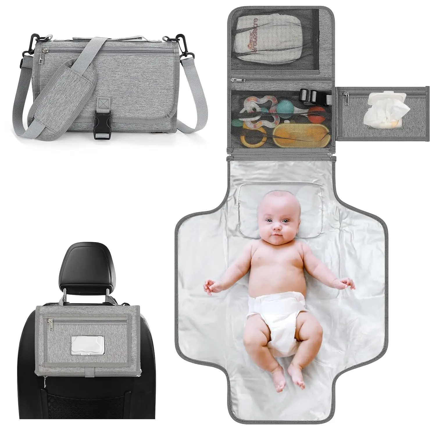 Baby Portable Diaper Changing Pad with Velcro Strips - Travel Bag Kit with Wipes Pocket, Smart Design Infant Travel Station Mat