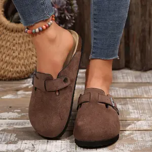 Women's Suede Clogs Slip on Mules Cork Footbed Potato Shoes Comfort Closed Toe Sandals with Adjustable Buckle Brown Footwear