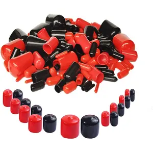 200 Count Rubber End Caps Assortment Kit Vinyl Flexible Bolt Screw Rubber Caps Thread Protector End Safety Cover Multi-Purpose,9 Sizes Form 2/25" to 4/5" (Red & Black)