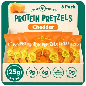 Crisp Power Protein Pretzels, NEW Cheddar , High Protein Snack, 26G Protein, Low Carb Crunchy Pretzel Snacks, No Added Sugar, 1.75 oz Bags, 6 Pack, Vegan, Plant-Based, Keto
