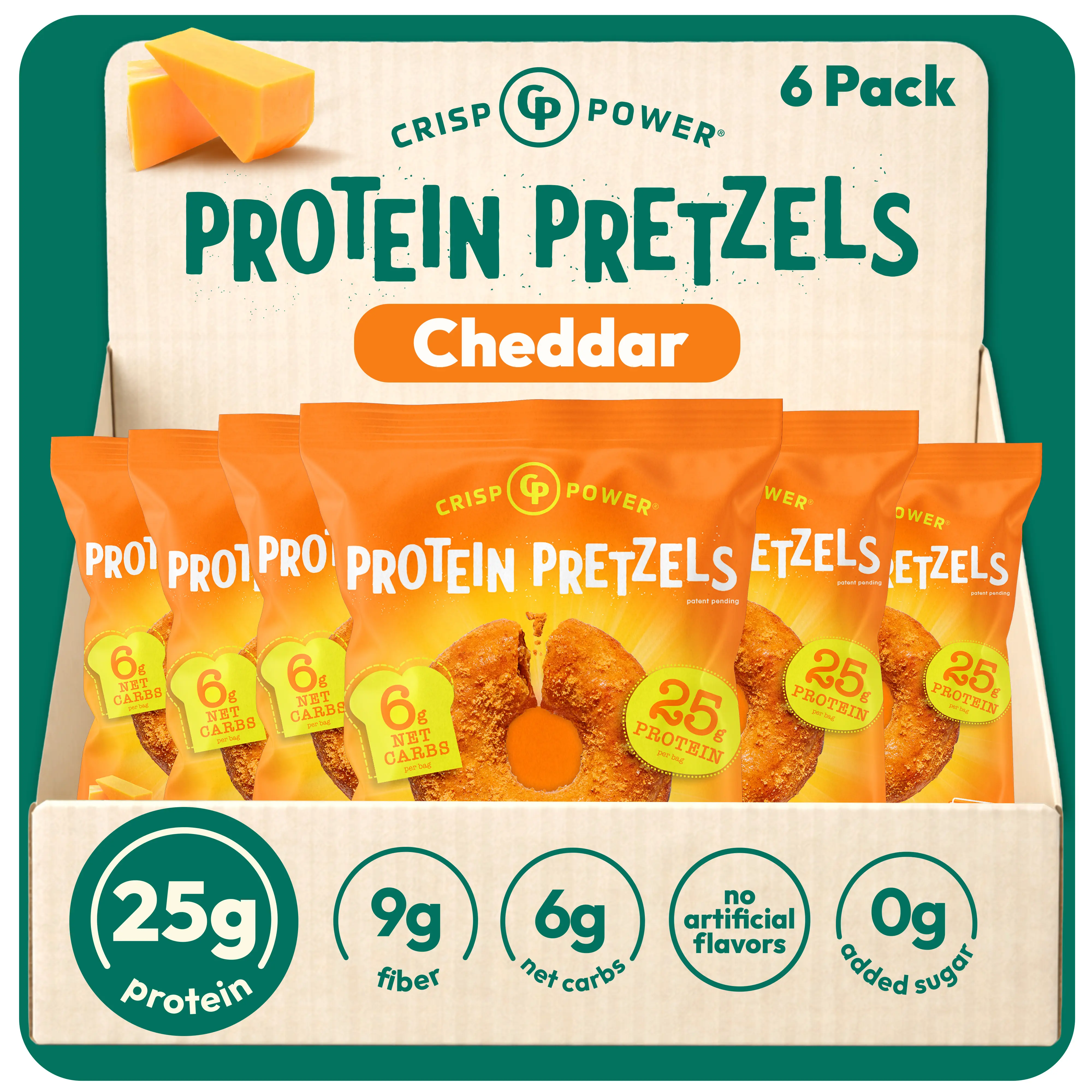 Crisp Power Protein Pretzels, NEW Cheddar , High Protein Snack, 26G Protein, Low Carb Crunchy Pretzel Snacks, No Added Sugar, 1.75 oz Bags, 6 Pack, Vegan, Plant-Based, Keto