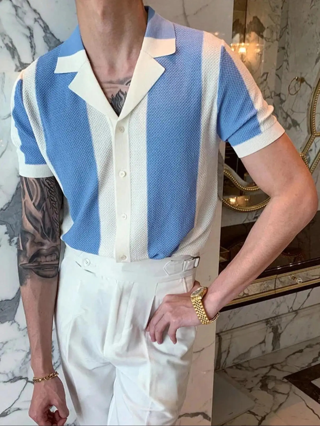 Men's Colorblock Button Front Lapel Neck Knit Top, Regular Fit Casual Short Sleeve Top for Summer, Men's Summer Fashion Trend Slack Dating Casual Knit