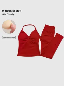 Women's Sporty Set, Hanging Neck Sports Bra Tank Top + High Waist Leggings, Detachable Padding, Fitness Outdoor Running Yoga Top, High Waisted Yoga