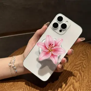 Pink Lily Flower MagSafe Phone Grip, Floral Magnetic Pop Socket Kickstand for iPhone, Aesthetic Gift for Her