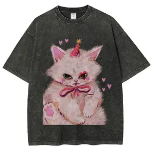 Cute cat pattern T-shirt for men and women, retro washed T-shirt, fashionable cotton, full color, full size, suitable for both men and women Funny and cute clothing graphic tees graphic t shirts graphic tees women tiktok shop deals festival gift