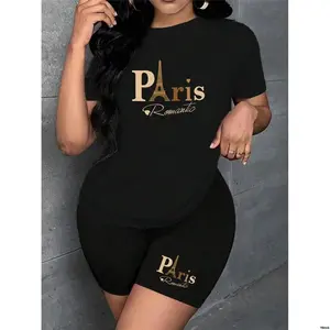 LetterPrintedRoundNeckShortSleeveT INAWLYWomen sSummerHeart - ShirtAndShortsCasualSet