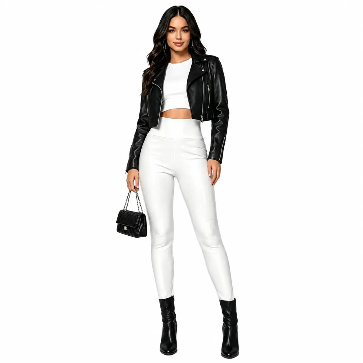 Shiny White High Rise Faux  Pants for Women Non-Sheer Curve Fit Stretch Trousers Rooftop Party Concert Streetwear Bottoms sohochic Butt Hugging Pants Fitted Womenswear Basic