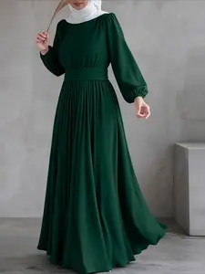 ZANZEA Women's Elegant Classic Round Neck Long-Sleeve Long-Length Dress - Waist Cinching, Structured A-Line, Loose-Fitting Cut, Plain Pattern, Casual Party Wear, Modest Style Dress, Modest Dress, Muslim Dress, All-Season, Long Sleeve Dresses