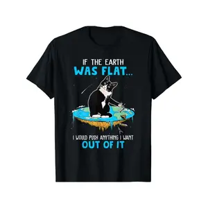 [Plus Size Graphic T-Shirt] Black Cotton Plus Size T-Shirt with Playful Graphic - "IF THE EARTH WAS FLAT..." Featuring Tuxedo Cat on Floating Island, Humorous Design, Relaxed Fit, Crew Neck, Perfect for Casual Wear and Everyday Comfort