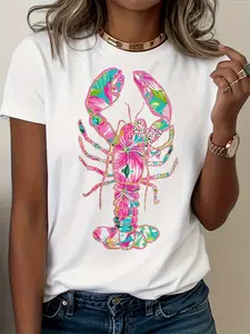 Women'S Lobster Pattern T-Shirt- Soft Pink And Turquoise Coastal Print Loose Fit Short Sleeve Round Neck, Lightweight And Breathable Summer Beach Party Top, Vibrant Lobster Design, Women'S Casual Daily Shirt, Machine Washable Fashion Gift Choice