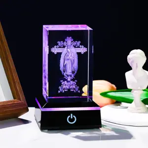3D Laser-Engraved Our Lady of Guadalupe Crystal Figurine - Colored Base, Lighting Feature, Christian Religious Gift, Mother's Day Gift, Home Decor Supply