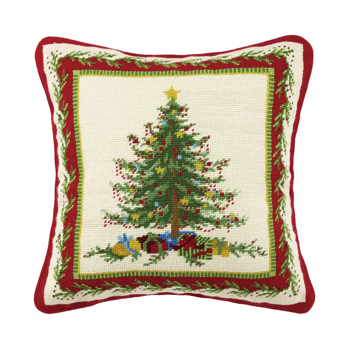 Peking Handicraft 31SERX252C16SQ 16x16 in Wool Cotton Old Fashioned Christmas Tree Poly-Filled Needlepoint Pillow, for Wall Decoration