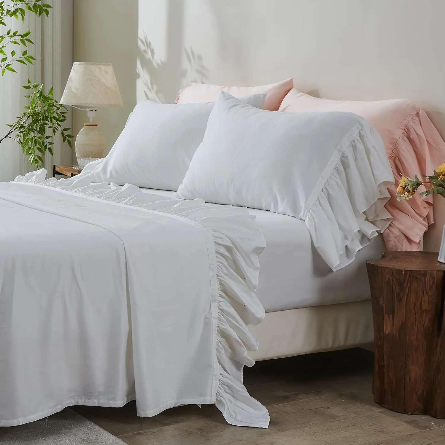 Simple&Opulence 100% Organic Cotton Bed Sheet Sets, Long Ruffle Comfy Set with Breathable Fitted Sheet, Hotel Style Shabby Chic Farmhouse Vintage Bedding for Bedroom Decor (Memorial Day Pick)