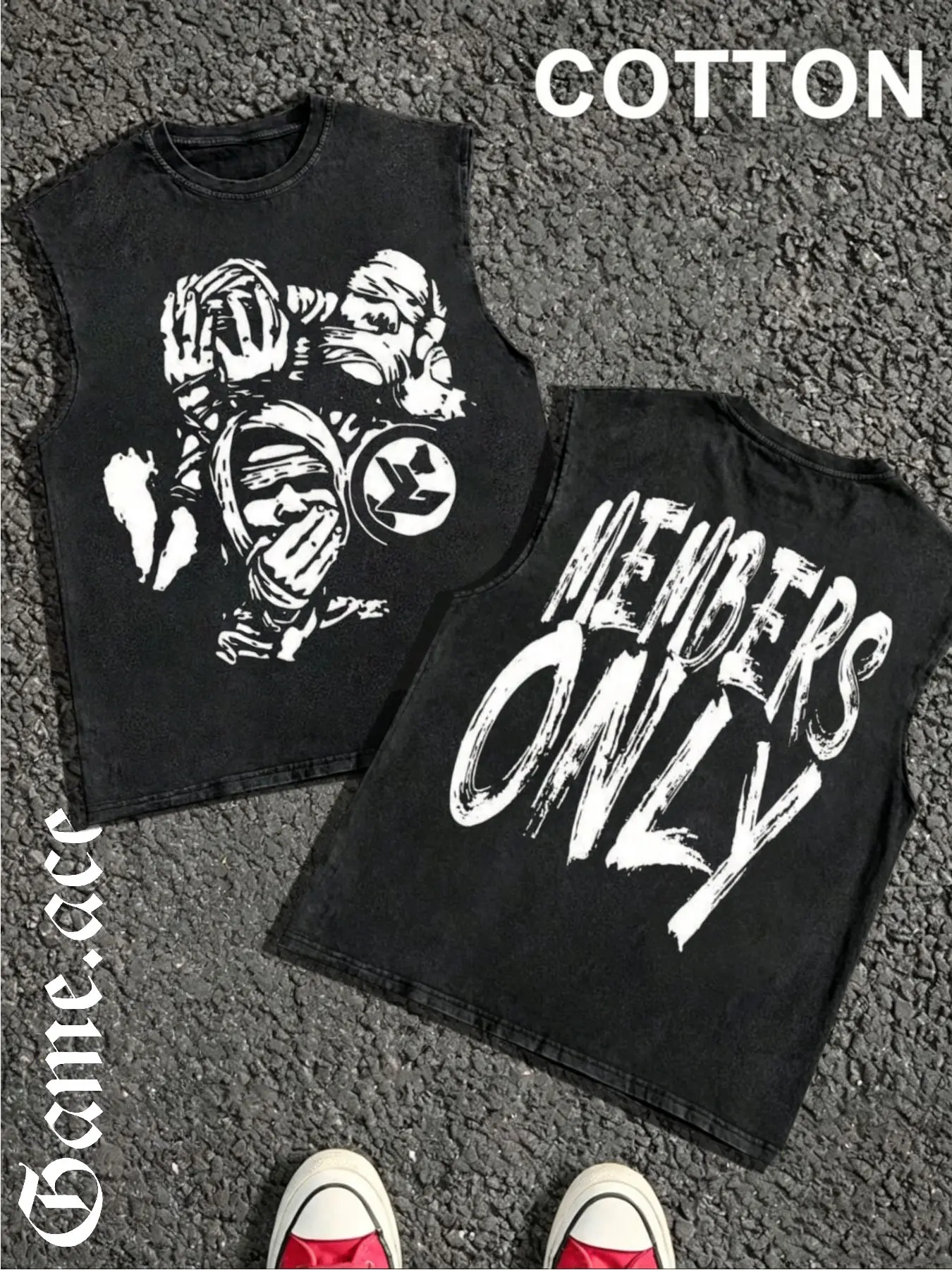 1 PCS Masked Figure Members Only Graffiti Text Front & Back Distressed Graphic Print, Vintage Y2K Grunge Hip Hop Urban Streetwear, 100% Cotton Breathable Unisex Tank For Rap Fans Daily Street Outfit