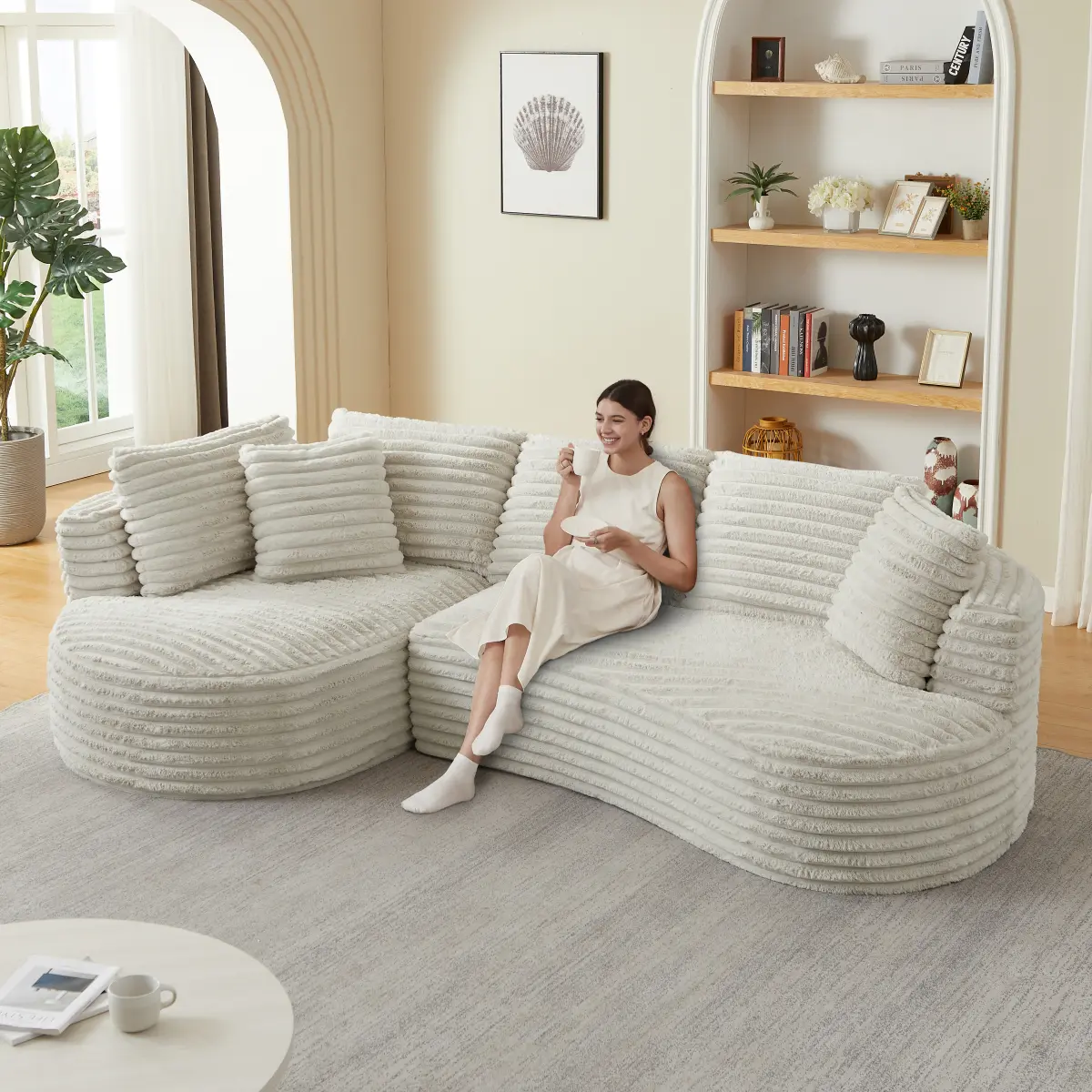 121 inch Boneless Cloud Modular Sectional Couch, Wide Curved L Shaped Sofa with Chaise,Corduroy Fabric,Compressed Foam Sofa for Living Room, No Assembly, Cream