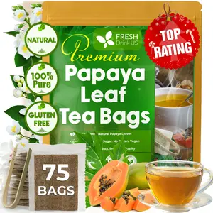 FreshDrinkUS, Premium 75 Papaya Leaf Tea Bags, 100% Natural & Pure from Papaya Leaves. Loose Leaf Papaya Herbal Tea. Made with Natural Material Tea Bags. No Sugar, No Caffeine, No Gluten, Vegan.