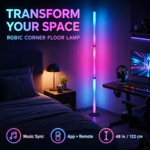 RGB Corner Floor Lamp with Music Sync, Smart LED Ambient Light with App & Remote Control for Bedroom, Gaming Room & Living Room Decor