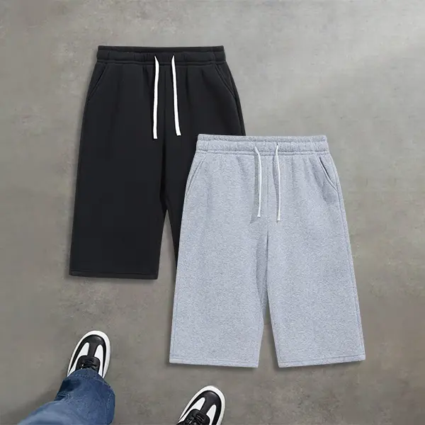 Men’s 2-piece summer set featuring a solid-color, simple three-quarter shorts; casual, loose, versatile, trendy high-street/street-style pants for men—handsome wear.