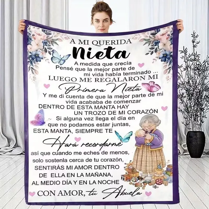 Gift for your granddaughter in Spanish, flannel floral blanket, Floral print blanket, warm and comfortable, made of 280gsm polyester fabric, suitable for all seasons, napping, camping, a great choice