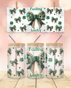 St. Patrick's Day Rhinestone Feeling Lucky UVDTF Wrap for 16 Oz Libbey Glass Can