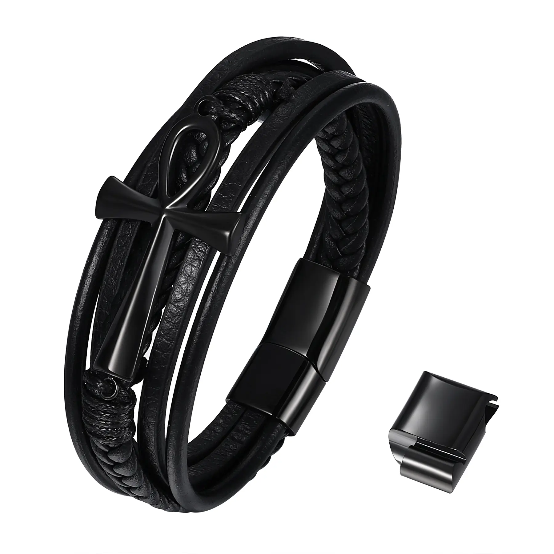 OIDEA Men's Egyptian Ankh Cross Leather Bracelet, Vintage Multi-Layer Handwoven Cuff, Adjustable Ankh-Cross Design Bold Statement Religious Punk Wristband Gift (Bracelets & Bangles), Adjustable Leather Bracelets & Bangles, Ankh Design Bracelets & Bangles