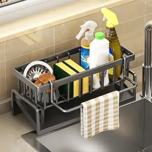 This multi-functional kitchen sink storage rack includes a dishcloth and sponge drainer, and features a drain rack and dish towel holder. Suitable for kitchen countertop storage, it holds dishcloths, sponges, and brushes.