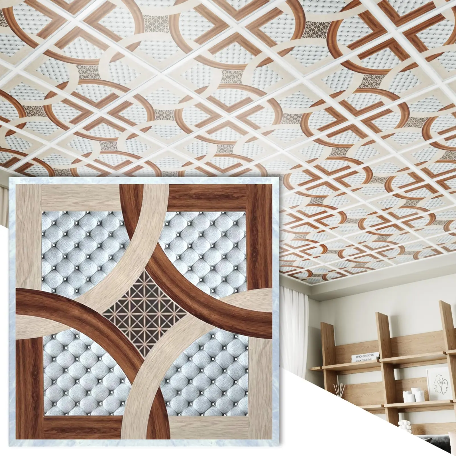 LooYee 24PCS 2x2 Ft High-Strength Rigid PVC Ceiling Tiles, 0.28 Inch Wood Tufted Geometry Panels (96 Sq.Ft), Easy Installation for Commercial, Bathroom, Restaurant Interior Decoration