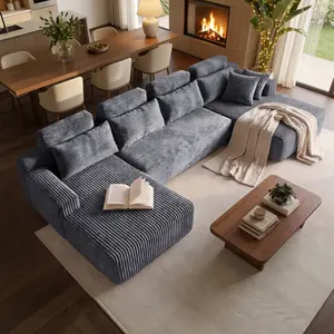 【Father's Day】134in Striped U-Shape Cloud-Style Corduroy Couch, Couches for Living Room, Modular Design, High-Density Memory Foam Upholstery, No Assembly Required, 6 Soft Cushions, Space-Saving Flexibility, Seats 4-6, Shipped in 3 Packages