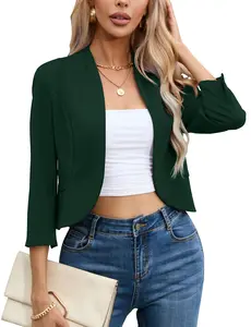 YESFASHION Womens Cropped Blazer Casual Business 3/4 Sleeve Collarless Open Front Cardigan Work Jacket Shrug