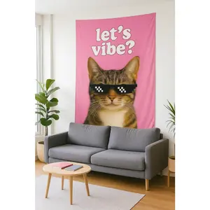 Funny Cat Tapestry ,Let's Vibe Wall Hanging for Dorm Room, College Decor, Meme Aesthetic Wall Art, Cool Kitty Poster for Bedroom Pink Home Textile