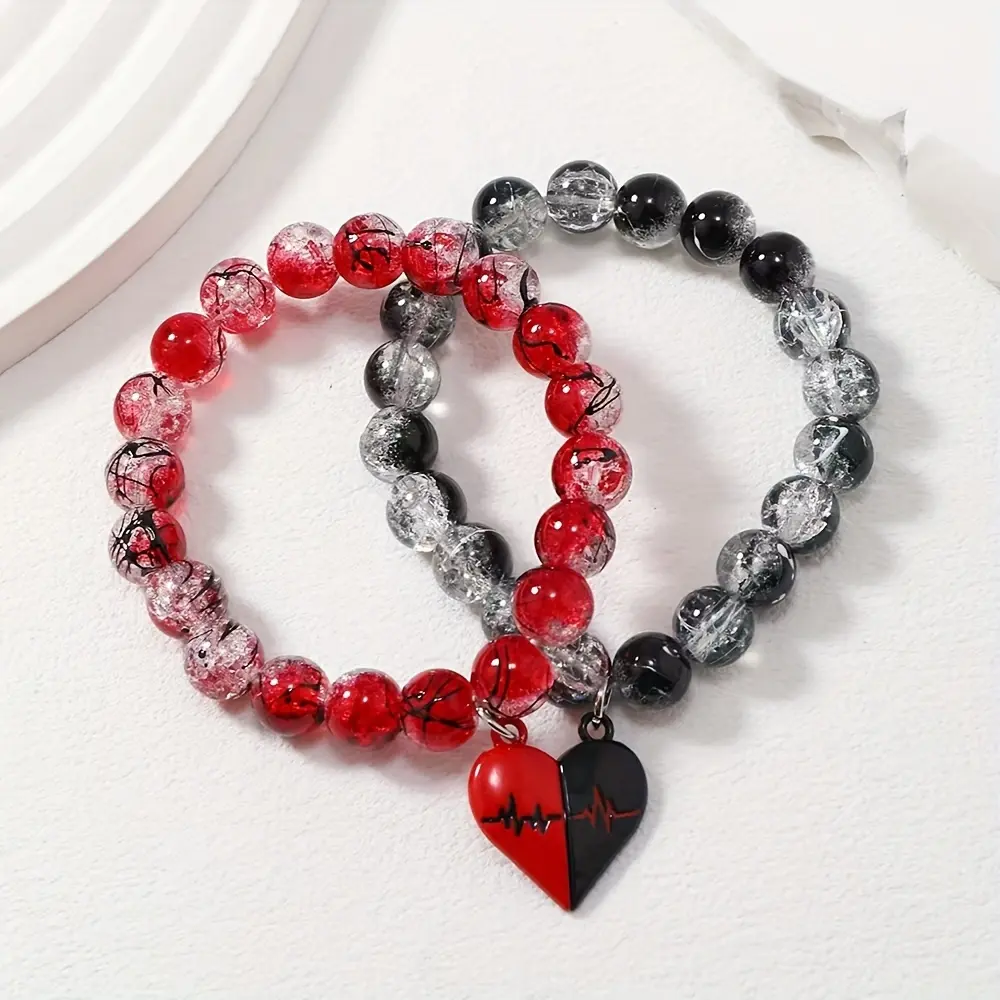 Gothic Matching Bracelets Set of 2, Black and Red Beaded ECG Waveform Jewelry for Couples and Best Friends, Unisex Romance Gift, Yes, Bangle, Blackmetal Bracelets & Bangles, Daily, Heartbeat Wave, Plastic, Valentine’s