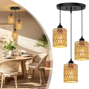 Farmhouse Style Three-Light Wicker Pendant Light, Adjustable Height, Handwoven Grass Cover, Bohemian Design for Dining Room, Kitchen, Living Room, Adjustable Lights