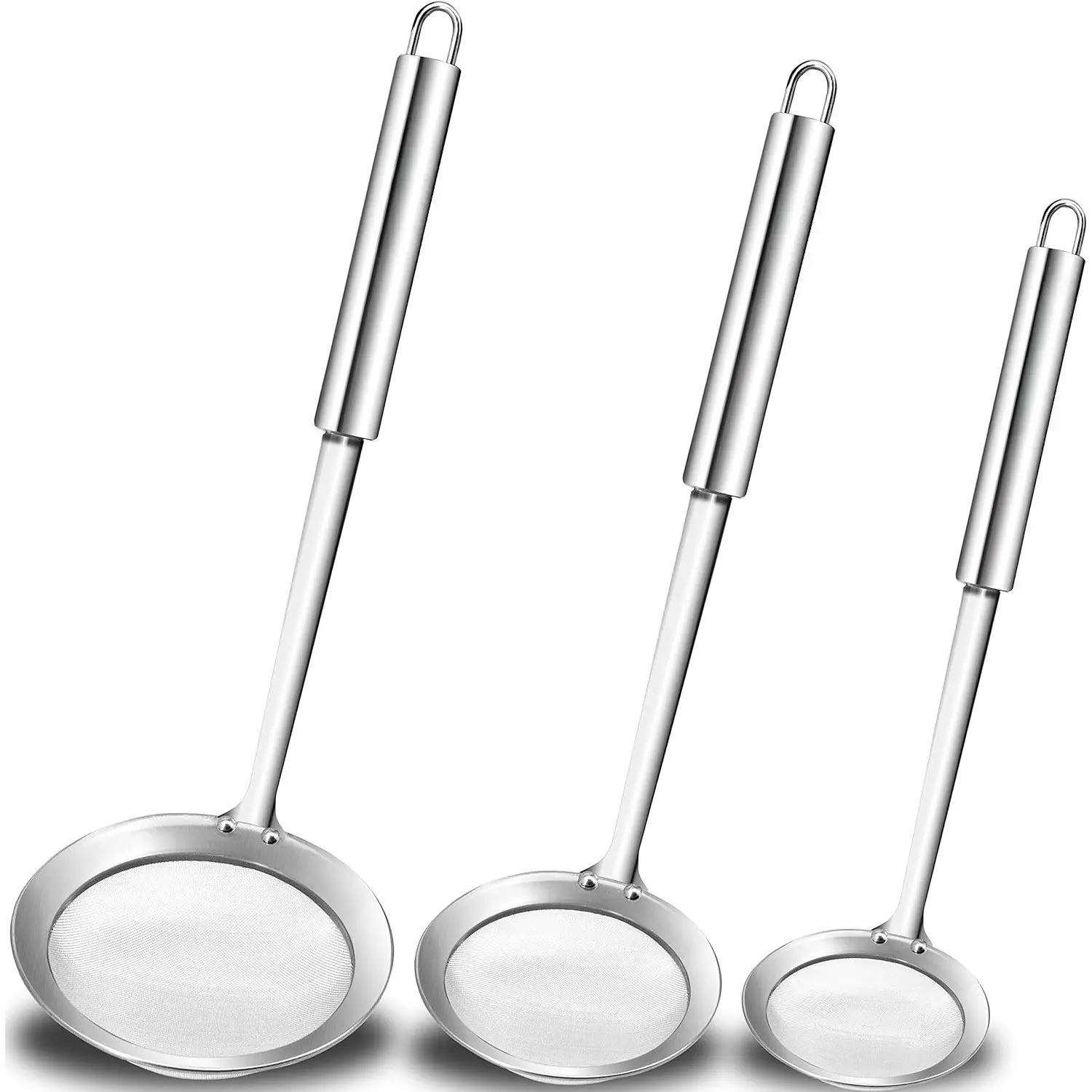 3Pcs Multi-Size Sturdy Stainless Steel Fat Skimmer Slotted Spoons Set - Heat Resistant Kitchen Gadgets with Mesh Grid, Long Handles (3"+4"+4.7" Sizes), for Skimming Grease/Gravy/Foam, Ideal for Hot Pot Cooking (Home Improvement Hanging Oil Tools)