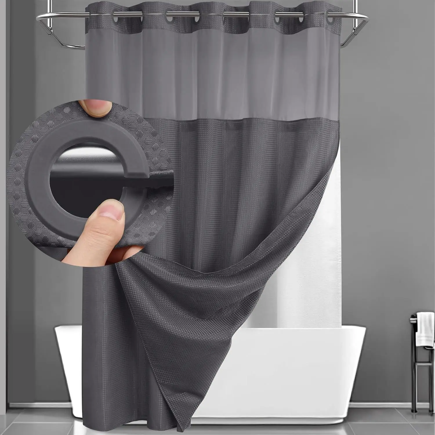 Hookless Hotel-Grade Quality Waffle Fabric Weave Straight Vintage Shower Curtain with Snap-In Liner Set, See-Through Top Window, Loop Buckle, Machine Washable, 75in L x 72in W, Enhances Bathroom/Spa Settings, Bathroom Decoration Accessories