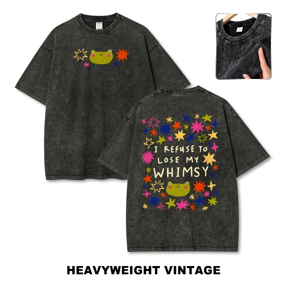 Washed Graphic T-Shirt with Whimsical Frog & Stars Print, Unisex 100% Cotton Short Sleeve Round Neck Top, Super Soft Fabric, Shortsleeve, Fit, Casual, Tshirt, Whimsy Clothing, Oversize, Vintage Frog Print Men's Short-Sleeve T-Shirts