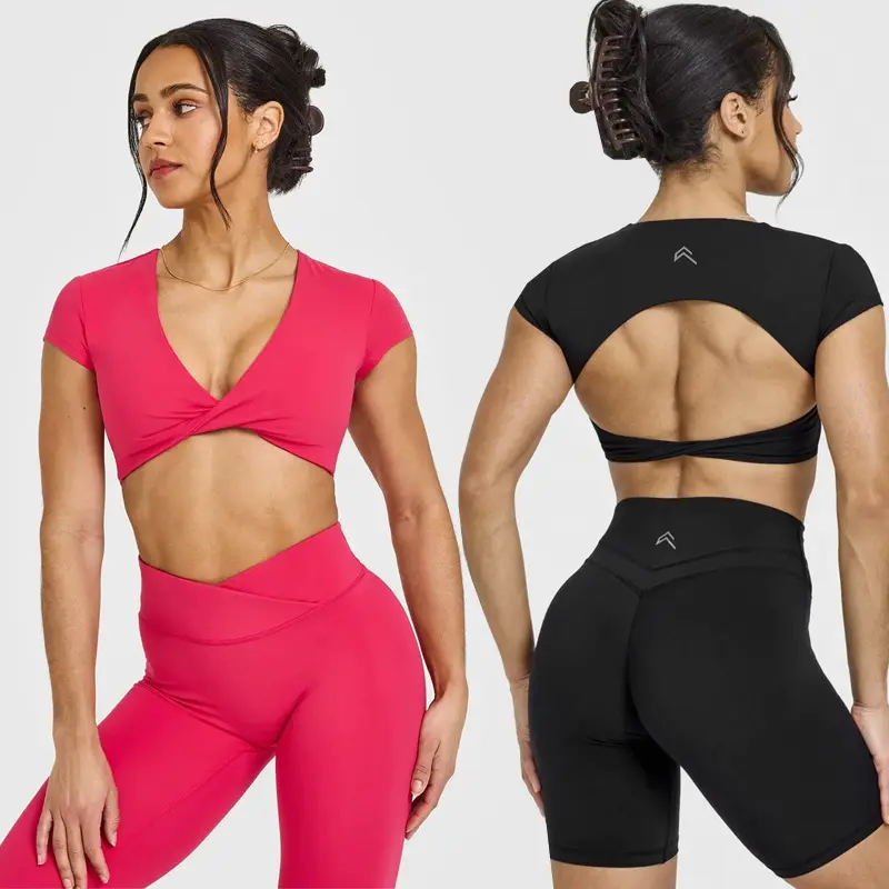Oneractive Women V Neck Twist Front Sports Tops With Built In Bra Criss Cross Back Workout Yoga Shirts High Stretch Quick Dry Slim Fit Short Sleeve Activewear For Gym Running Fitness