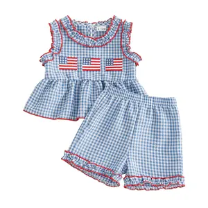 Toddler Baby Girl 4th of July Outfit American Flag Blue Gingham Ruffle Sleeveless Tank Tops and Shorts Independence Day Summer Clothes