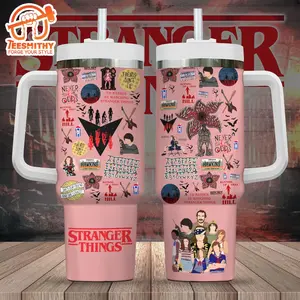 Stranger Things Inspired 40oz Tumbler With Handle, Insulated Travel Mug, Leakproof Cup For Coffee, Water, Road Trips, Gym, Office, Hot & Cold Drinks, Retro Movie Aesthetic Gift For Fans, Stainless Steel Vacuum Tumbler