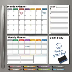 AUVIREC Magnetic Calendar for Refrigerator (4-Pack, Ships Flat) - 17"x12" Monthly, Weekly, XL Daily & Blank Dry Erase Board - Nano-Tech Fridge Whiteboard Planner with Lined Grids, 8 Markers, Eraser