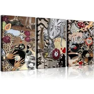 Framed Trendy Leopard Canvas Wall Art Set of 3 Funky Black Girl Cheetah Pictures Lucky You Posters Prints Preppy Room Aesthetic Home Decor for Bedroom Bathroom Y2k Room Decorate Unique Artwork Abstract Face Design